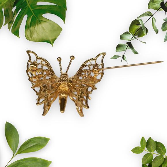 Vintage Monet Signed Butterfly Brooch Pin Gold Tone  3-Dimensional Filigree - Picture 6 of 7